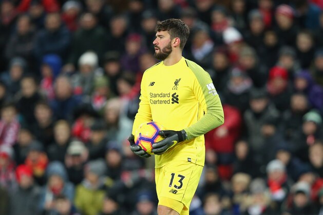 LIVERPOOL, ENGLAND - JANUARY 30:  Alisson Becker of Liverpool FC looks on during the Premier League match between Liverpool FC and Leicester City at Anfield on January 30, 2019 in Liverpool, United Kingdom.  (Photo by Alex Livesey - Danehouse/Getty Images)
