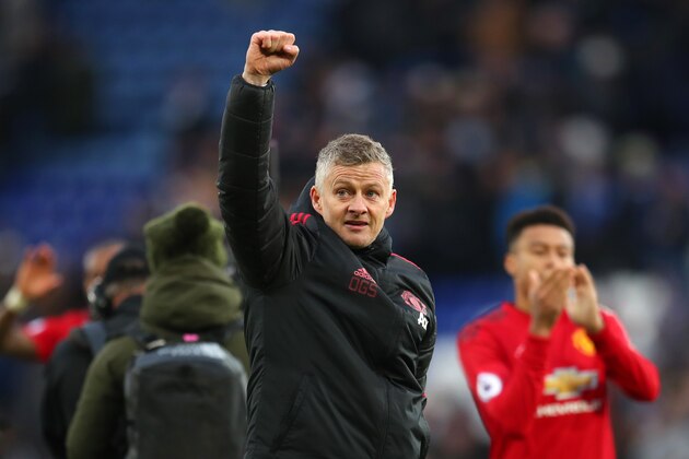 LEICESTER, ENGLAND - FEBRUARY 03:  Ole Gunnar Solskjaer, Interim Manager of Manchester United celebrates victory following the Premier League match between Leicester City and Manchester United at The King Power Stadium on February 3, 2019 in Leicester, United Kingdom.  (Photo by Catherine Ivill/Getty Images)