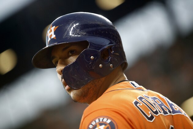 Houston Astros' Carlos Correa prepares for an at-bat in the first baseball game of a doubleheader against the Baltimore Orioles, Saturday, Sept. 29, 2018, in Baltimore. (AP Photo/Patrick Semansky)