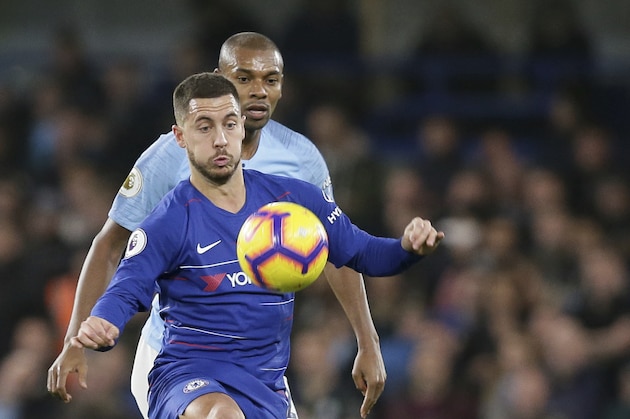 Chelsea's Eden Hazard, left, protects the Ball against Manchester City's Fernandinho during the English Premier League soccer match between Chelsea and Manchester City at Stamford Bridge in London, Saturday Dec. 8, 2018. (AP Photo/Tim Ireland)