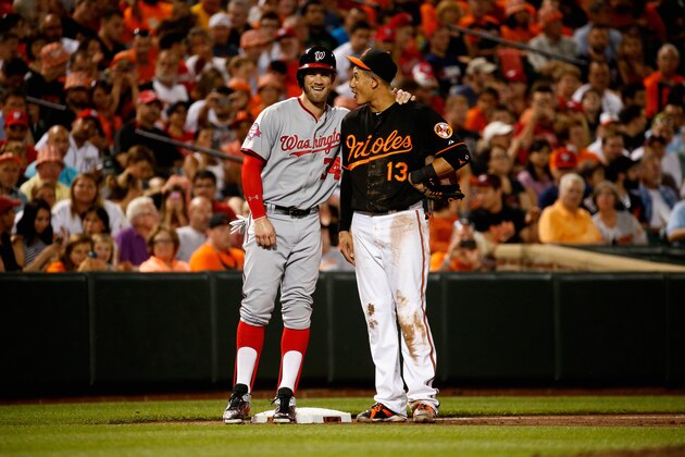 BALTIMORE, MD - JULY 10:  Bryce Harper #34 of the Washington Nationals and Manny Machado #13 of the Baltimore Orioles talk during their game at Oriole Park at Camden Yards on July 10, 2015 in Baltimore, Maryland.  (Photo by Rob Carr/Getty Images)
