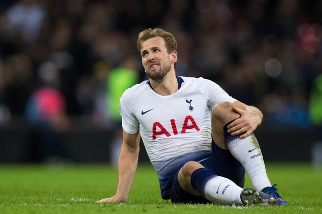 LONDON, ENGLAND - JANUARY 13: Harry Kane of Tottenham Hotspur down with a leg injury late on during the Premier League match between Tottenham Hotspur and Manchester United at Wembley Stadium on January 13, 2019 in London, United Kingdom. (Photo by Craig Mercer/MB Media/Getty Images)