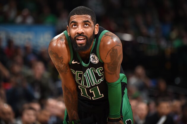 BOSTON, MA - FEBRUARY 3: Kyrie Irving #11 of the Boston Celtics rests during the game against the Oklahoma City Thunder on February 3, 2019 at the TD Garden in Boston, Massachusetts.  NOTE TO USER: User expressly acknowledges and agrees that, by downloading and or using this photograph, User is consenting to the terms and conditions of the Getty Images License Agreement. Mandatory Copyright Notice: Copyright 2019 NBAE  (Photo by Brian Babineau/NBAE via Getty Images)