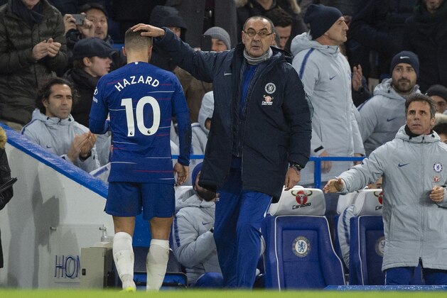 LONDON, ENGLAND - DECEMBER 08: Chelsea Manager Maurizio Sarri gives Eden Hazard a pat on the head after being substituted during the Premier League match between Chelsea FC and Manchester City at Stamford Bridge on December 8, 2018 in London, United Kingdom. (Photo by Visionhaus/Getty Images)