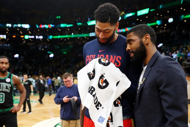BOSTON, MA - DECEMBER 10: Kyrie Irving #11 of the Boston Celtics and Anthony Davis #23 of the New Orleans Pelicans talk after the game between the Celtics and Pelicans at TD Garden on December 10, 2018 in Boston, Massachusetts. (Photo by Maddie Meyer/Getty Images)