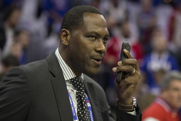 PHILADELPHIA, PA - OCTOBER 18:  General Manager Elton Brand of the Philadelphia 76ers talks on the phone prior to the game against the Chicago Bulls at Wells Fargo Center on October 18, 2018 in Philadelphia, Pennsylvania. NOTE TO USER: User expressly acknowledges and agrees that, by downloading and or using this photograph, User is consenting to the terms and conditions of the Getty Images License Agreement. (Photo by Mitchell Leff/Getty Images)