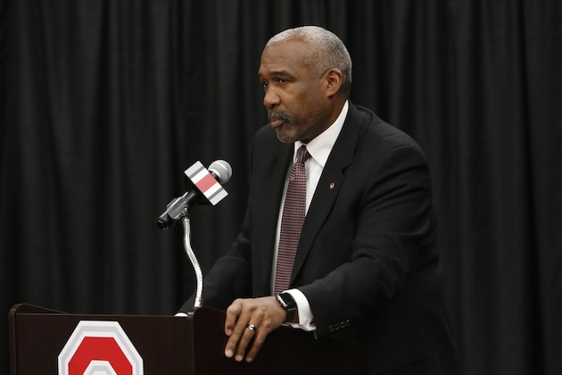 Ohio State athletics director Gene Smith answers questions during a news conference announcing the retirement of head football coach Urban Meyer and the hiring of Ryan Day as Meyer's replacement Tuesday, Dec. 4, 2018, in Columbus, Ohio. (AP Photo/Jay LaPrete)