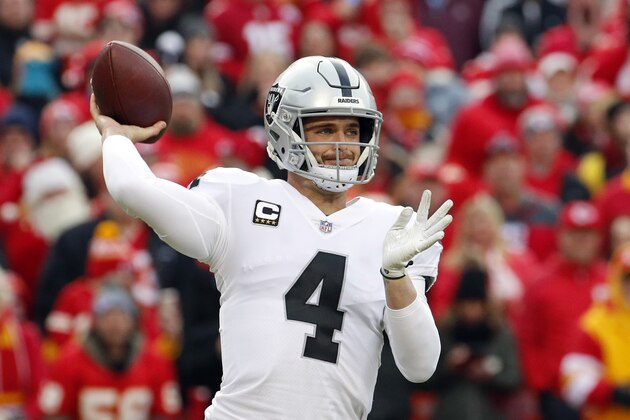 Oakland Raiders quarterback Derek Carr (4) throws a pass during the first half of an NFL football game against the Kansas City Chiefs in Kansas City, Mo., Sunday, Dec. 30, 2018. (AP Photo/Charlie Riedel)