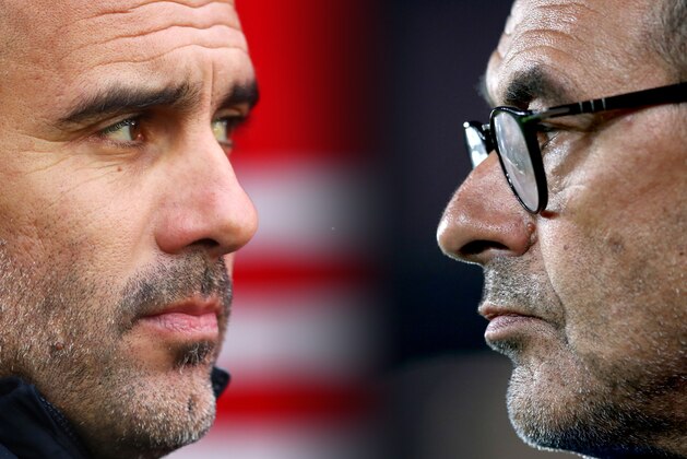 FILE PHOTO (EDITORS NOTE: COMPOSITE OF IMAGES - Image numbers 1089388290,1040951906 - GRADIENT ADDED) In this composite image a comparison has been made between Pep Guardiola, manager of Manchester City (L) and Maurizio Sarri, Manager of Chelsea.  Manchester City and Chelsea FC meet in a Premier League fixture on February 10, 2019 at the Etihad Stadium in Manchester.  ***LEFT IMAGE*** SOUTHAMPTON, ENGLAND - DECEMBER 30: Pep Guardiola, manager of Manchester City looks on before the Premier League match between Southampton FC and Manchester City at St Mary's Stadium on December 30, 2018 in Southampton, United Kingdom. (Photo by Dan Istitene/Getty Images)  ***RIGHT IMAGE*** LIVERPOOL, ENGLAND - SEPTEMBER 26: Maurizio Sarri, Manager of Chelsea looks on ahead of the Carabao Cup Third Round match between Liverpool and Chelsea at Anfield on September 26, 2018 in Liverpool, England. (Photo by Jan Kruger/Getty Images)