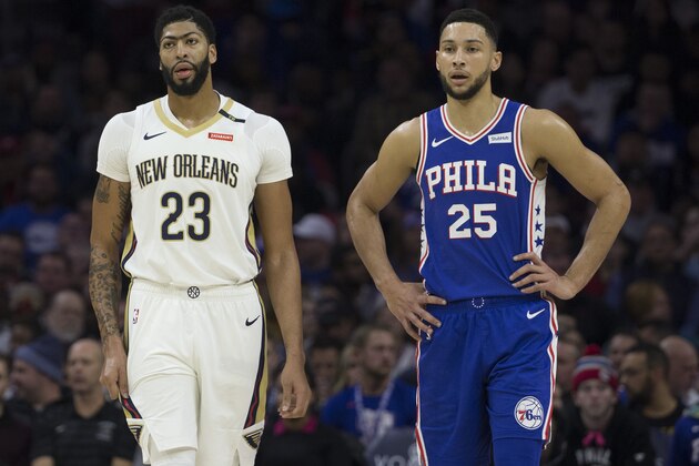 PHILADELPHIA, PA - NOVEMBER 21: Anthony Davis #23 of the New Orleans Pelicans and Ben Simmons #25 of the Philadelphia 76ers look on at the Wells Fargo Center on November 21, 2018 in Philadelphia, Pennsylvania. NOTE TO USER: User expressly acknowledges and agrees that, by downloading and or using this photograph, User is consenting to the terms and conditions of the Getty Images License Agreement. (Photo by Mitchell Leff/Getty Images)