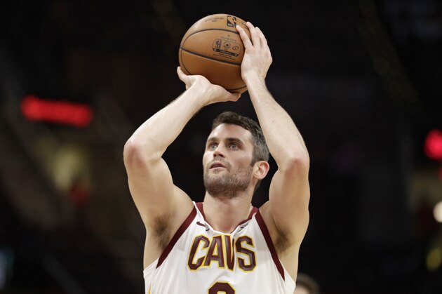 Cleveland Cavaliers' Kevin Love shoots in the second half of an NBA basketball game against the Brooklyn Nets, Wednesday, Oct. 24, 2018, in Cleveland. (AP Photo/Tony Dejak)