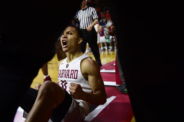 PHILADELPHIA, PA - MARCH 11: Bryce Aiken #11 of the Harvard Crimson reacts to being fouled in the lane by the Yale Bulldogs during the second half at The Palestra during an Ivy League tournament semifinal matchup on March 11, 2017 in Philadelphia, Pennsylvania. Yale won 73-71. (Photo by Corey Perrine/Getty Images)