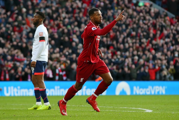 LIVERPOOL, ENGLAND - FEBRUARY 09:  Georginio Wijnaldum of Liverpool celebrates after scoring his team's second goal during the Premier League match between Liverpool FC and AFC Bournemouth at Anfield on February 9, 2019 in Liverpool, United Kingdom.  (Photo by Alex Livesey/Getty Images)