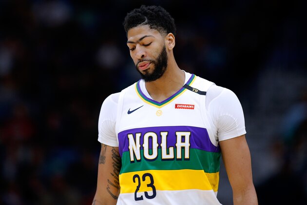 NEW ORLEANS, LOUISIANA - FEBRUARY 08: Anthony Davis #23 of the New Orleans Pelicans reacts during the first half against the Minnesota Timberwolves at the Smoothie King Center on February 08, 2019 in New Orleans, Louisiana. NOTE TO USER: User expressly acknowledges and agrees that, by downloading and or using this photograph, User is consenting to the terms and conditions of the Getty Images License Agreement. (Photo by Jonathan Bachman/Getty Images)