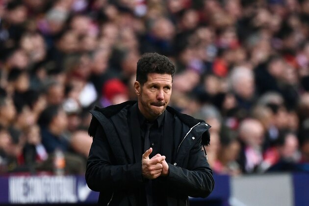 Atletico Madrid's Argentinian coach Diego Simeone gestures during the Spanish league football match Club Atletico de Madrid against Real Madrid CF at the Wanda Metropolitano stadium in Madrid on February 9, 2019. (Photo by PIERRE-PHILIPPE MARCOU / AFP)        (Photo credit should read PIERRE-PHILIPPE MARCOU/AFP/Getty Images)