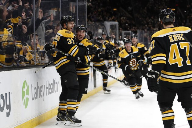 Teammates pile off the bench as Boston Bruins' Patrice Bergeron, left, celebrates his game-winning goal with Brad Marchand in their 5-4 overtime win over the Los Angeles Kings in an NHL hockey game Saturday, Feb. 9, 2019, in Boston. (AP Photo/Winslow Townson)
