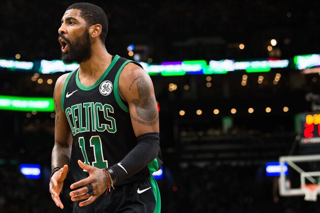 BOSTON, MA - FEBRUARY 9: Kyrie Irving #11 of the Boston Celtics disputes a call during the game against the Los Angeles Clippers at TD Garden on February 9, 2019 in Boston, Massachusetts.  NOTE TO USER: User expressly acknowledges and agrees that, by downloading and or using this photograph, User is consenting to the terms and conditions of the Getty Images License Agreement. (Photo by Kathryn Riley/Getty Images)