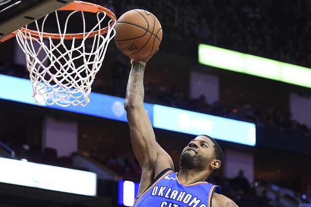 Oklahoma City Thunder forward Paul George dunks during the first half of an NBA basketball game against the Houston Rockets, Saturday, Feb. 9, 2019, in Houston. (AP Photo/Eric Christian Smith)