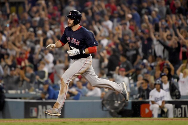 LOS ANGELES, CA - OCTOBER 28:  J.D. Martinez #28 of the Boston Red Sox rounds the bases after his seventh inning home run against the Los Angeles Dodgers in Game Five of the 2018 World Series at Dodger Stadium on October 28, 2018 in Los Angeles, California.  (Photo by Harry How/Getty Images)
