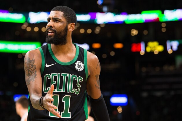 BOSTON, MA - FEBRUARY 9: Kyrie Irving #11 of the Boston Celtics disputes a call during the game against the Los Angeles Clippers at TD Garden on February 9, 2019 in Boston, Massachusetts.  NOTE TO USER: User expressly acknowledges and agrees that, by downloading and or using this photograph, User is consenting to the terms and conditions of the Getty Images License Agreement. (Photo by Kathryn Riley/Getty Images)