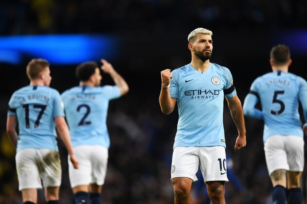 MANCHESTER, ENGLAND - FEBRUARY 10:  Sergio Aguero of Manchester City celebrates after scoring his team's fifth goal during the Premier League match between Manchester City and Chelsea FC at Etihad Stadium on February 10, 2019 in Manchester, United Kingdom.  (Photo by Michael Regan/Getty Images)