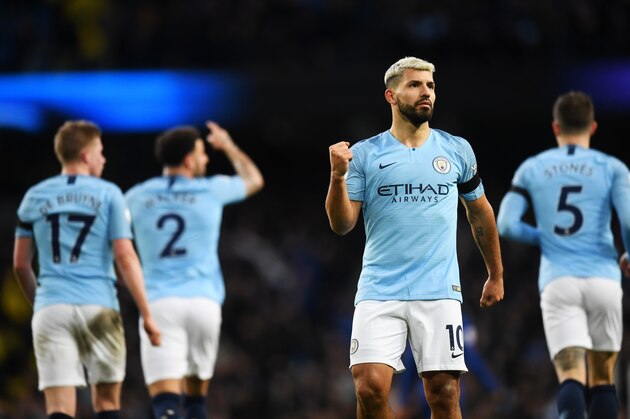MANCHESTER, ENGLAND - FEBRUARY 10:  Sergio Aguero of Manchester City celebrates after scoring his team's fifth goal during the Premier League match between Manchester City and Chelsea FC at Etihad Stadium on February 10, 2019 in Manchester, United Kingdom.  (Photo by Michael Regan/Getty Images)