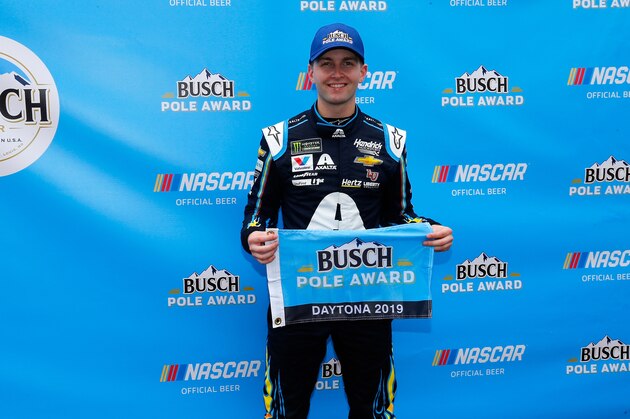 DAYTONA BEACH, FL - FEBRUARY 10:  William Byron, driver of the #24 Axalta Chevrolet, poses for a photo after winning the pole award during qualifying for the Monster Energy NASCAR Cup Series 61st Annual Daytona 500 at Daytona International Speedway on February 10, 2019 in Daytona Beach, Florida.  (Photo by Jonathan Ferrey/Getty Images)