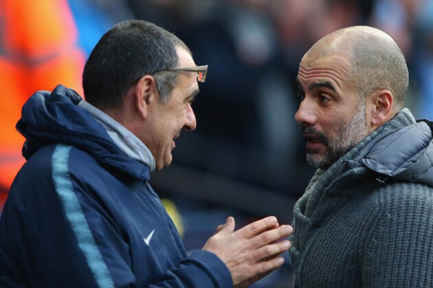 MANCHESTER, ENGLAND - FEBRUARY 10:  Pep Guardiola the manager of Manchester City and Maurizio Sarri the manager of Chelsea talk prior to the Premier League match between Manchester City and Chelsea FC at Etihad Stadium on February 10, 2019 in Manchester, United Kingdom.  (Photo by Alex Livesey - Danehouse/Getty Images)