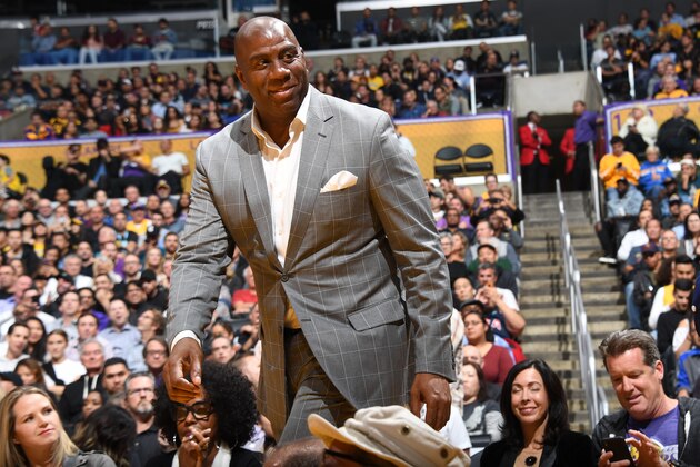 LOS ANGELES, CA - NOVEMBER 7: Magic Johnson looks on during the game between the Los Angeles Lakers and Minnesota Timberwolves  on November 7, 2018 at STAPLES Center in Los Angeles, California. NOTE TO USER: User expressly acknowledges and agrees that, by downloading and/or using this Photograph, user is consenting to the terms and conditions of the Getty Images License Agreement. Mandatory Copyright Notice: Copyright 2018 NBAE (Photo by Andrew D. Bernstein/NBAE via Getty Images)