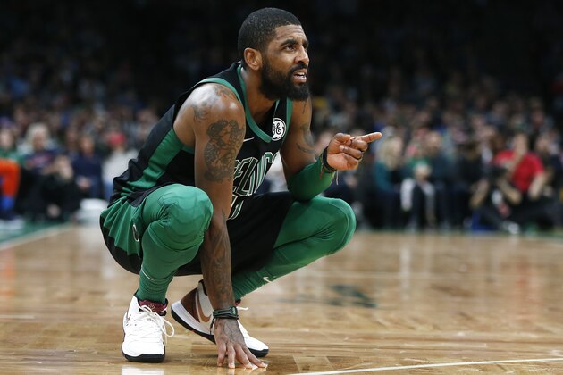 Boston Celtics' Kyrie Irving during the second half of an NBA basketball game against the Oklahoma City Thunder in Boston, Sunday, Feb. 3, 2019. (AP Photo/Michael Dwyer)