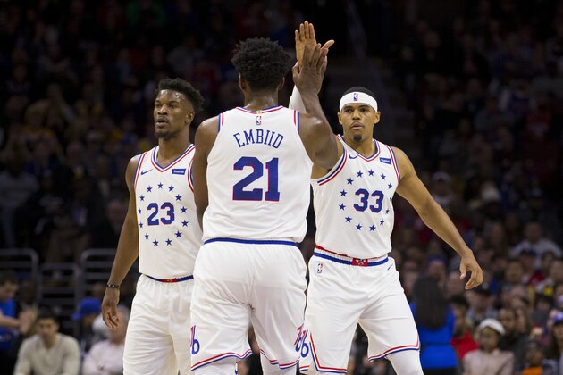 PHILADELPHIA, PA - FEBRUARY 10: Joel Embiid #21 of the Philadelphia 76ers celebrates with Jimmy Butler #23 and Tobias Harris #33 against the Los Angeles Lakers in the first quarter at the Wells Fargo Center on February 10, 2019 in Philadelphia, Pennsylvania. NOTE TO USER: User expressly acknowledges and agrees that, by downloading and or using this photograph, User is consenting to the terms and conditions of the Getty Images License Agreement.(Photo by Mitchell Leff/Getty Images)