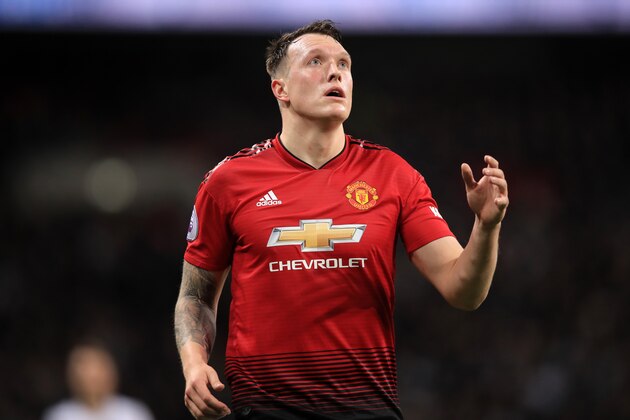LONDON, ENGLAND - JANUARY 13: Phil Jones of Manchester United during the Premier League match between Tottenham Hotspur and Manchester United at Wembley Stadium on January 13, 2019 in London, United Kingdom. (Photo by Marc Atkins/Getty Images)