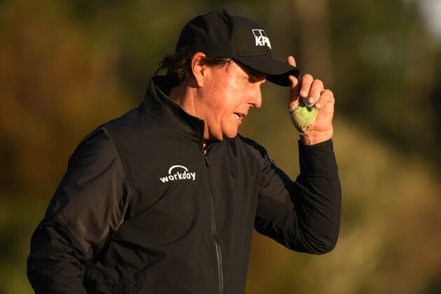 PEBBLE BEACH, CALIFORNIA - FEBRUARY 10:  Phil Mickelson of the United States reacts on the 12th green during the final round of the AT&T Pebble Beach Pro-Am at Pebble Beach Golf Links on February 10, 2019 in Pebble Beach, California. (Photo by Harry How/Getty Images)