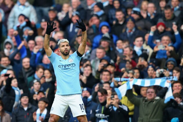 MANCHESTER, ENGLAND - FEBRUARY 10:  Sergio Aguero of Manchester City celebrates after scoring the second goal during the Premier League match between Manchester City and Chelsea FC at Etihad Stadium on February 10, 2019 in Manchester, United Kingdom.  (Photo by Alex Livesey - Danehouse/Getty Images)