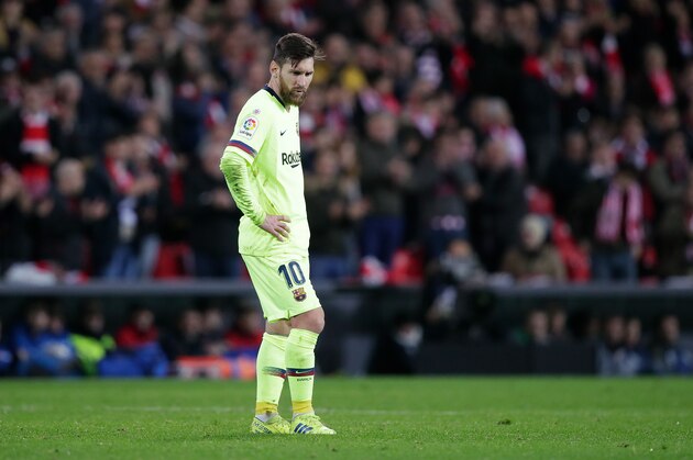 BILBAO, SPAIN - FEBRUARY 10: Lionel Messi of FC Barcelona  during the La Liga Santander  match between Athletic de Bilbao v FC Barcelona at the Estadio San Mames on February 10, 2019 in Bilbao Spain (Photo by David S. Bustamante/Soccrates/Getty Images)