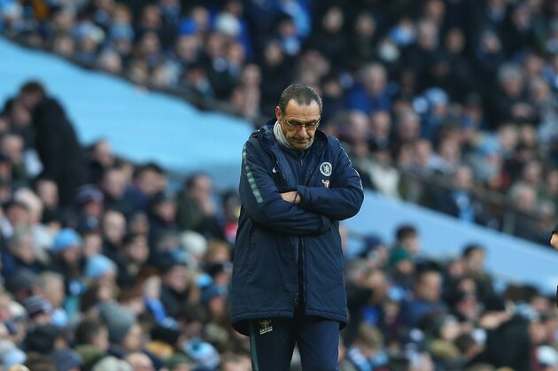 MANCHESTER, ENGLAND - FEBRUARY 10:  Maurizio Sarri the manager of Chelsea looks dejected during the Premier League match between Manchester City and Chelsea FC at Etihad Stadium on February 10, 2019 in Manchester, United Kingdom.  (Photo by Alex Livesey - Danehouse/Getty Images)