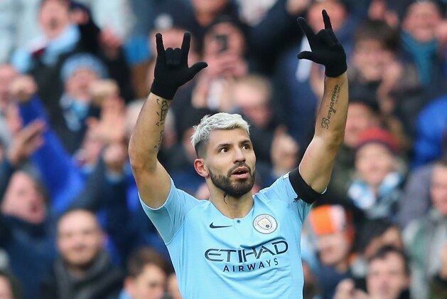 MANCHESTER, ENGLAND - FEBRUARY 10:  Sergio Aguero of Manchester City celebrates after scoring the second goal during the Premier League match between Manchester City and Chelsea FC at Etihad Stadium on February 10, 2019 in Manchester, United Kingdom.  (Photo by Alex Livesey - Danehouse/Getty Images)
