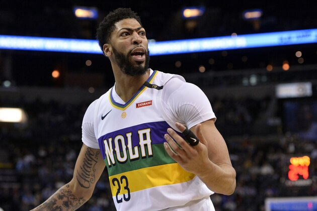 New Orleans Pelicans forward Anthony Davis (23) reacts in the first half of an NBA basketball game against the Memphis Grizzlies Saturday, Feb. 9, 2019, in Memphis, Tenn. (AP Photo/Brandon Dill)