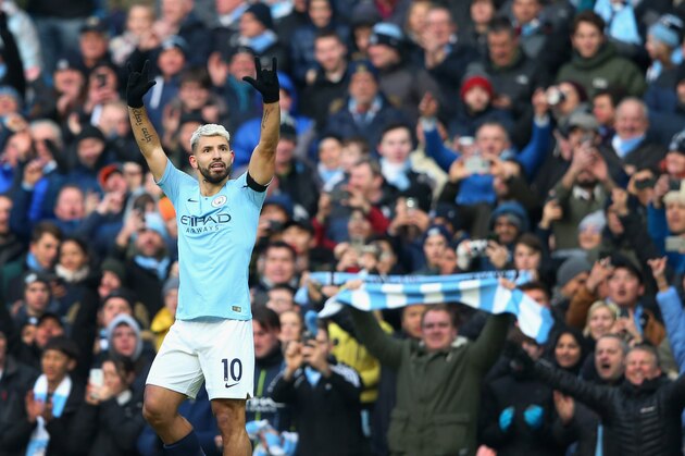 MANCHESTER, ENGLAND - FEBRUARY 10:  Sergio Aguero of Manchester City celebrates after scoring the second goal during the Premier League match between Manchester City and Chelsea FC at Etihad Stadium on February 10, 2019 in Manchester, United Kingdom.  (Photo by Alex Livesey - Danehouse/Getty Images)