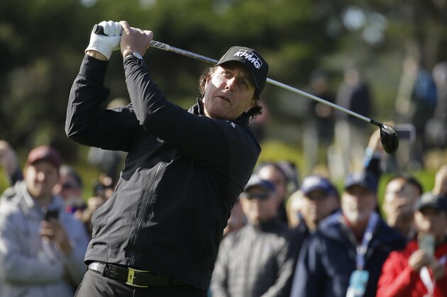 Phil Mickelson follows his drive from the fourth tee of the Pebble Beach Golf Links during the final round of the AT&T Pebble Beach Pro-Am golf tournament Sunday, Feb. 10, 2019, in Pebble Beach, Calif. (AP Photo/Eric Risberg)