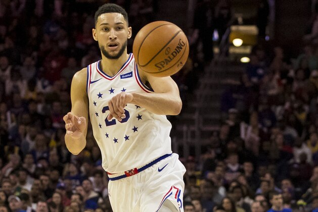 Philadelphia 76ers' Ben Simmons, of Australia, in action during the second half of an NBA basketball game against the Los Angeles Lakers, Sunday, Feb. 10, 2019, in Philadelphia. The 76ers won 143-120. (AP Photo/Chris Szagola)