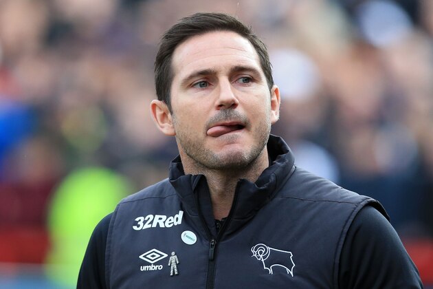 Derby County's English manager Frank Lampard reacts during the English FA Cup fourth round football match between Accrington Stanley and Derby County at Wham Stadium in Accrington, north west England, on January 26, 2019. - Derby won the match 1-0. (Photo by Lindsey PARNABY / AFP) / RESTRICTED TO EDITORIAL USE. No use with unauthorized audio, video, data, fixture lists, club/league logos or 'live' services. Online in-match use limited to 120 images. An additional 40 images may be used in extra time. No video emulation. Social media in-match use limited to 120 images. An additional 40 images may be used in extra time. No use in betting publications, games or single club/league/player publications. /         (Photo credit should read LINDSEY PARNABY/AFP/Getty Images)