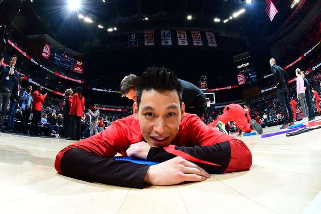 ATLANTA, GA - FEBRUARY 9: Jeremy Lin #7 of the Atlanta Hawks stretches before the game against the Charlotte Hornets on February 9, 2019 at State Farm Arena in Atlanta, Georgia. NOTE TO USER: User expressly acknowledges and agrees that, by downloading and/or using this photograph, user is consenting to the terms and conditions of the Getty Images License Agreement. Mandatory Copyright Notice: Copyright 2019 NBAE (Photo by Scott Cunningham/NBAE via Getty Images)