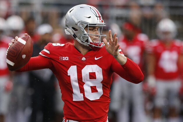 Ohio State quarterback Tate Martell throws a pass against Rutgers during the second half of an NCAA college football game Saturday, Sept. 8, 2018, in Columbus, Ohio. Ohio State beat Rutgers 52-3. (AP Photo/Jay LaPrete)