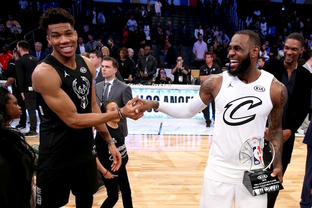 LOS ANGELES, CA - FEBRUARY 18:  LeBron James #23 of Team LeBron and Giannis Antetokounmpo #34 of Team Stephen after the NBA All-Star Game as a part of 2018 NBA All-Star Weekend at STAPLES Center on February 18, 2018 in Los Angeles, California. NOTE TO USER: User expressly acknowledges and agrees that, by downloading and/or using this photograph, user is consenting to the terms and conditions of the Getty Images License Agreement.  Mandatory Copyright Notice: Copyright 2018 NBAE (Photo by Nathaniel S. Butler/NBAE via Getty Images)