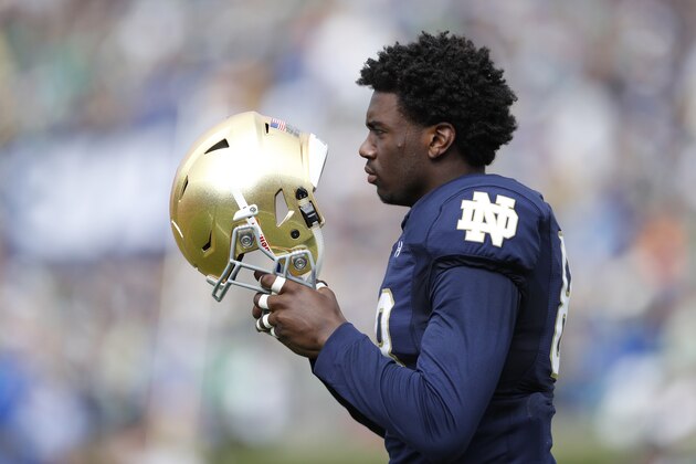 SOUTH BEND, IN - SEPTEMBER 10: Javon McKinley #88 of the Notre Dame Fighting Irish looks on against the Nevada Wolf Pack during the game at Notre Dame Stadium on September 10, 2016 in South Bend, Indiana. Notre Dame defeated Nevada 39-10. (Photo by Joe Robbins/Getty Images)