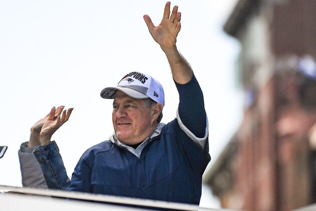BOSTON, MASSACHUSETTS - FEBRUARY 05: Head coach Bill Belichick of the New England Patriots reacts during the Super Bowl Victory Parade on February 05, 2019 in Boston, Massachusetts. (Photo by Billie Weiss/Getty Images)