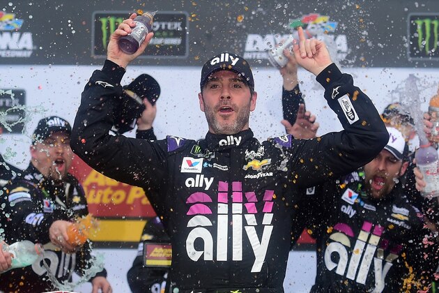 DAYTONA BEACH, FL - FEBRUARY 10:  Jimmie Johnson, driver of the #48 Ally Chevrolet, celebrates in victory lane after winning the Monster Energy NASCAR Cup Series Advance Auto Parts Clash at Daytona International Speedway on February 10, 2019 in Daytona Beach, Florida.  (Photo by Jared C. Tilton/Getty Images)
