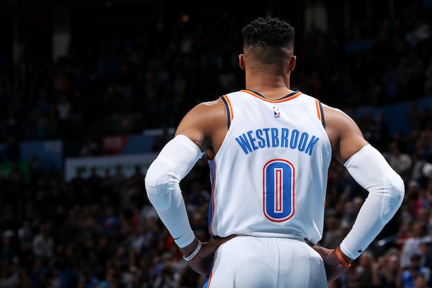 OKLAHOMA CITY, OK - FEBRUARY 11: Russell Westbrook #0 of the Oklahoma City Thunder looks on before the game against the Portland Trail Blazers on February 11, 2019 at Chesapeake Energy Arena in Oklahoma City, Oklahoma. NOTE TO USER: User expressly acknowledges and agrees that, by downloading and/or using this photograph, user is consenting to the terms and conditions of the Getty Images License Agreement. Mandatory Copyright Notice: Copyright 2019 NBAE (Photo by Zach Beeker/NBAE via Getty Images)