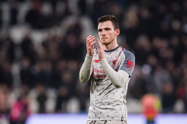 LONDON, ENGLAND - FEBRUARY 04: Andrew Robertson of  Liverpool FC looks on during the Premier League match between West Ham United and Liverpool FC at London Stadium on February 4, 2019 in London, United Kingdom. (Photo by MB Media/Getty Images)